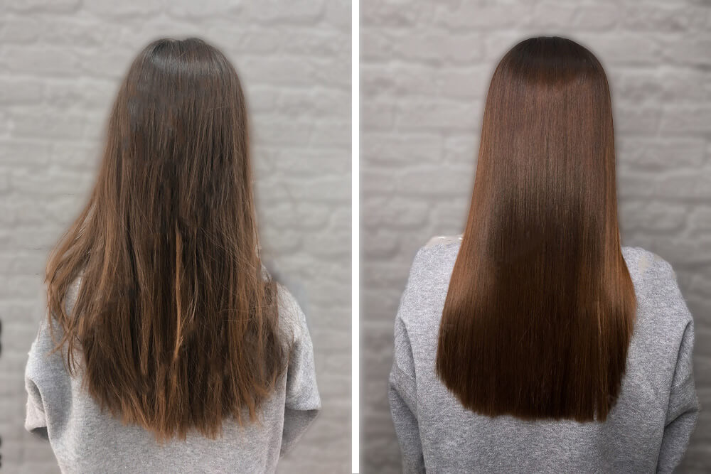 Before and After Bio-keratin hair treatment salon Toujours Belle in Montreal